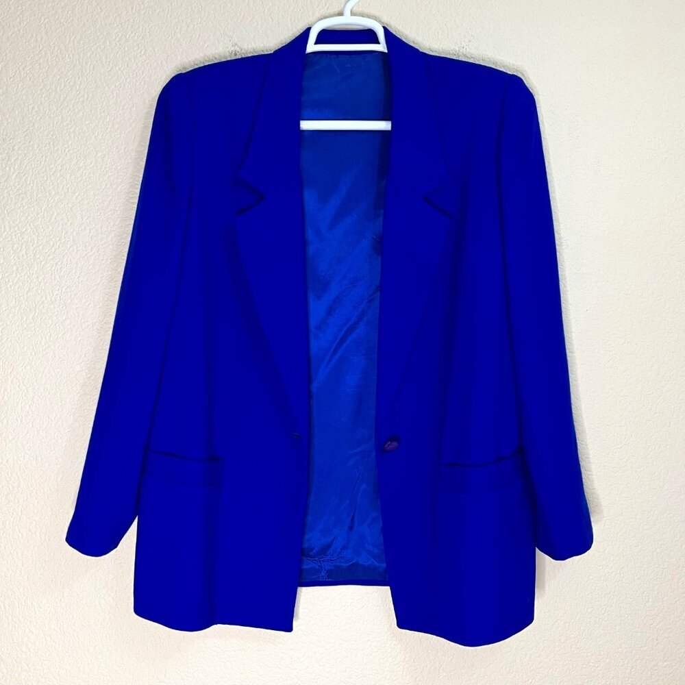 Vintage Blue Wool Academia Preppy Structured Blazer Suit Jacket Women Size 12